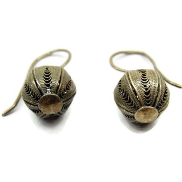 Earrings Hook Dangle Sterling Silver Filigree Ball 925 Vintage Patina - Picture 6 of 8